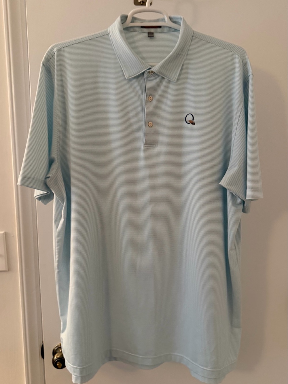 Peter Millar Light Blue Striped Polo with Subtle Chest Logo